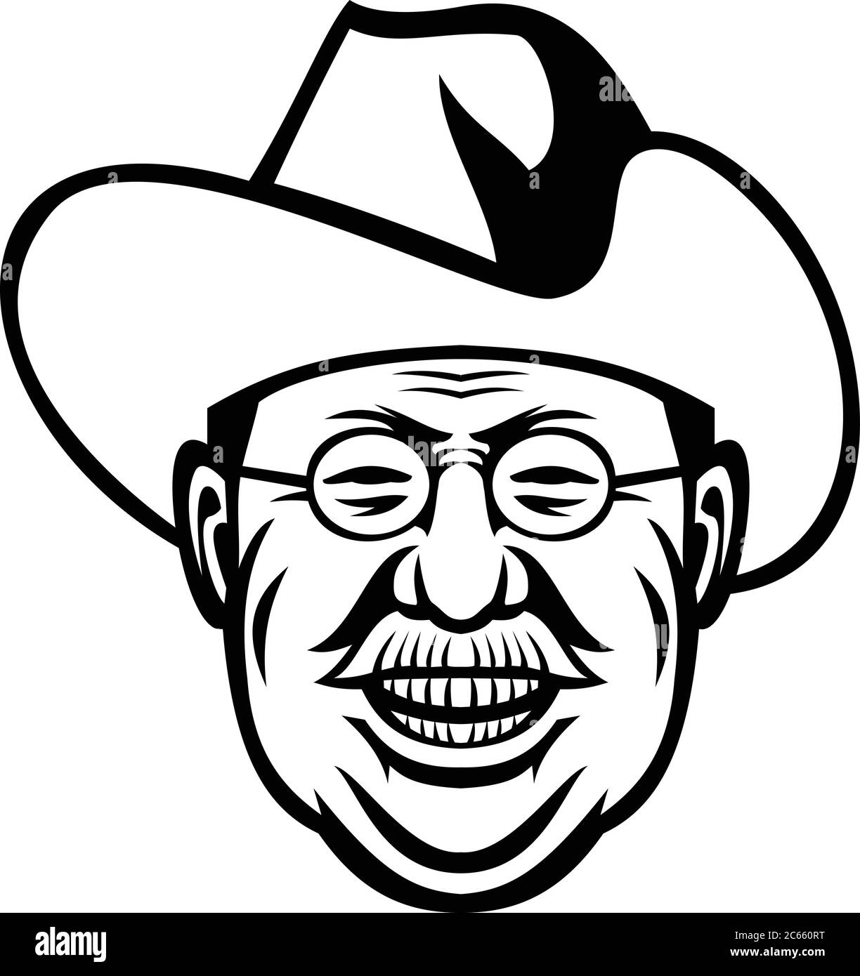Black and white mascot illustration of head of Theodore Roosevelt, American president and commander of Rough Riders viewed from front on isolated back Stock Vector