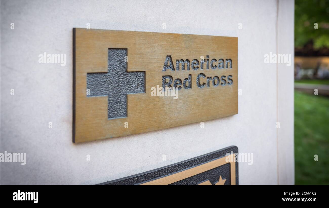 Chicago IL USA- June 30, 2018- American Red Cross sign in stone wall, Veterans Vietnam Memorial ( for editorial use only) Stock Photo