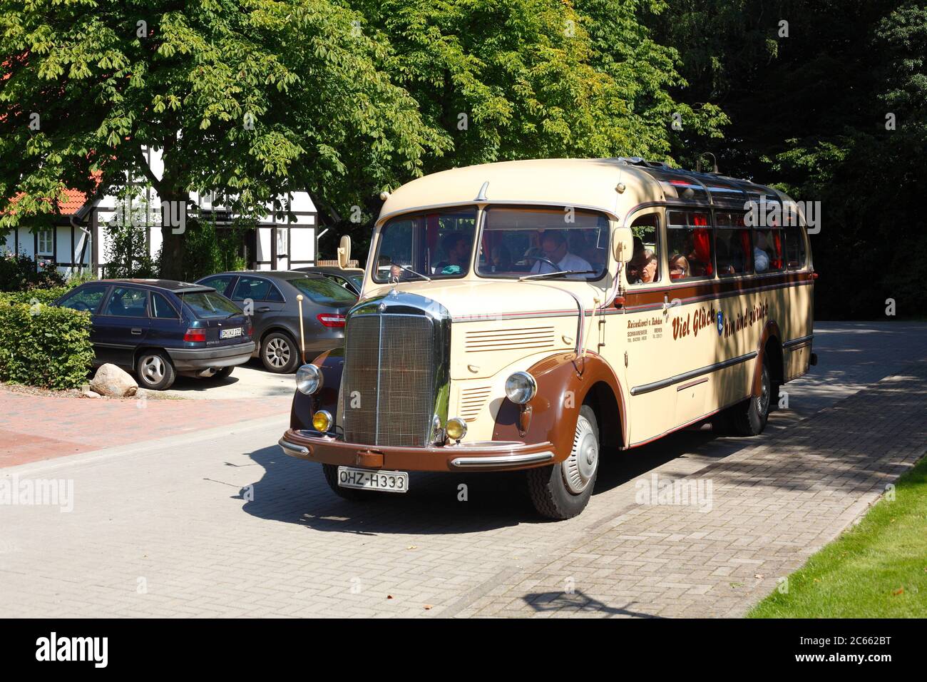 Old Mercedes Oldtimer Bus at Heiligenberg, Bruchhausen-Vilsen, Lower Saxony, Germany, Europe Stock Photo