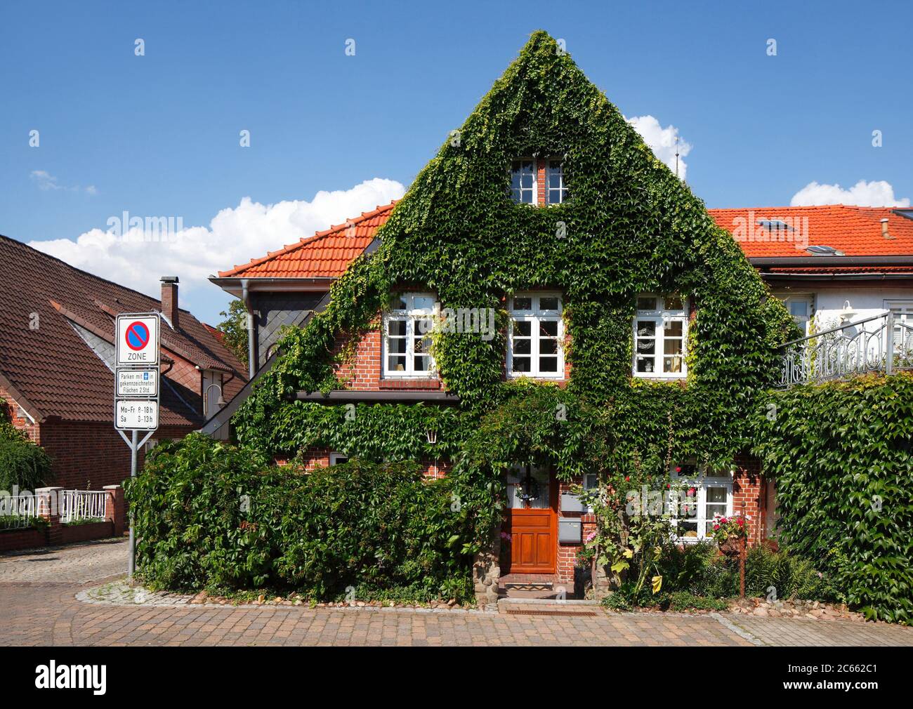 Old half-timbered house overgrown with ivy in Vilsen, Bruchhausen-Vilsen, Lower Saxony, Germany, Europe Stock Photo