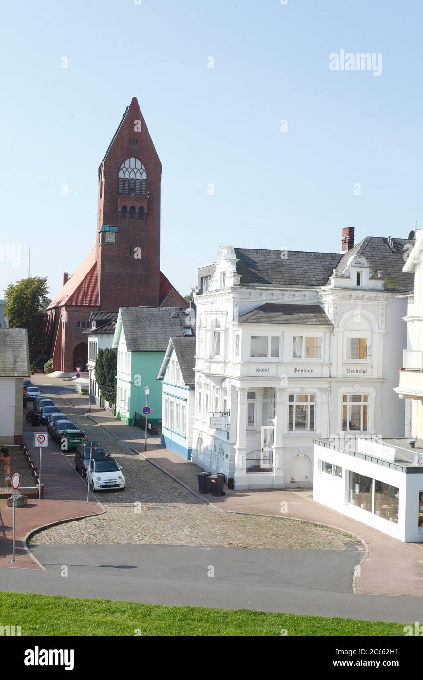 Old houses with garrision church in cuxhaven grimmershorn hires stock