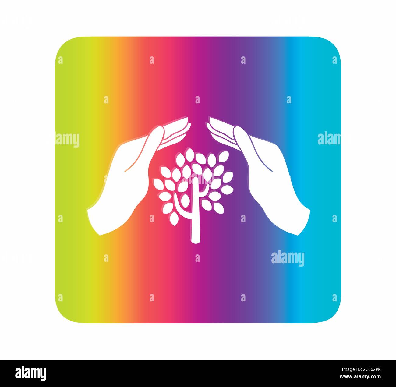 Flat vector icon tree and hands on neon background - environment Stock Vector
