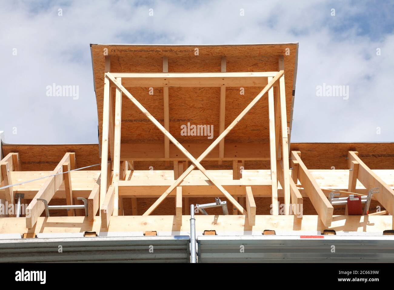 Construction site, roof renovation, roof windows, scaffolding, shell ...