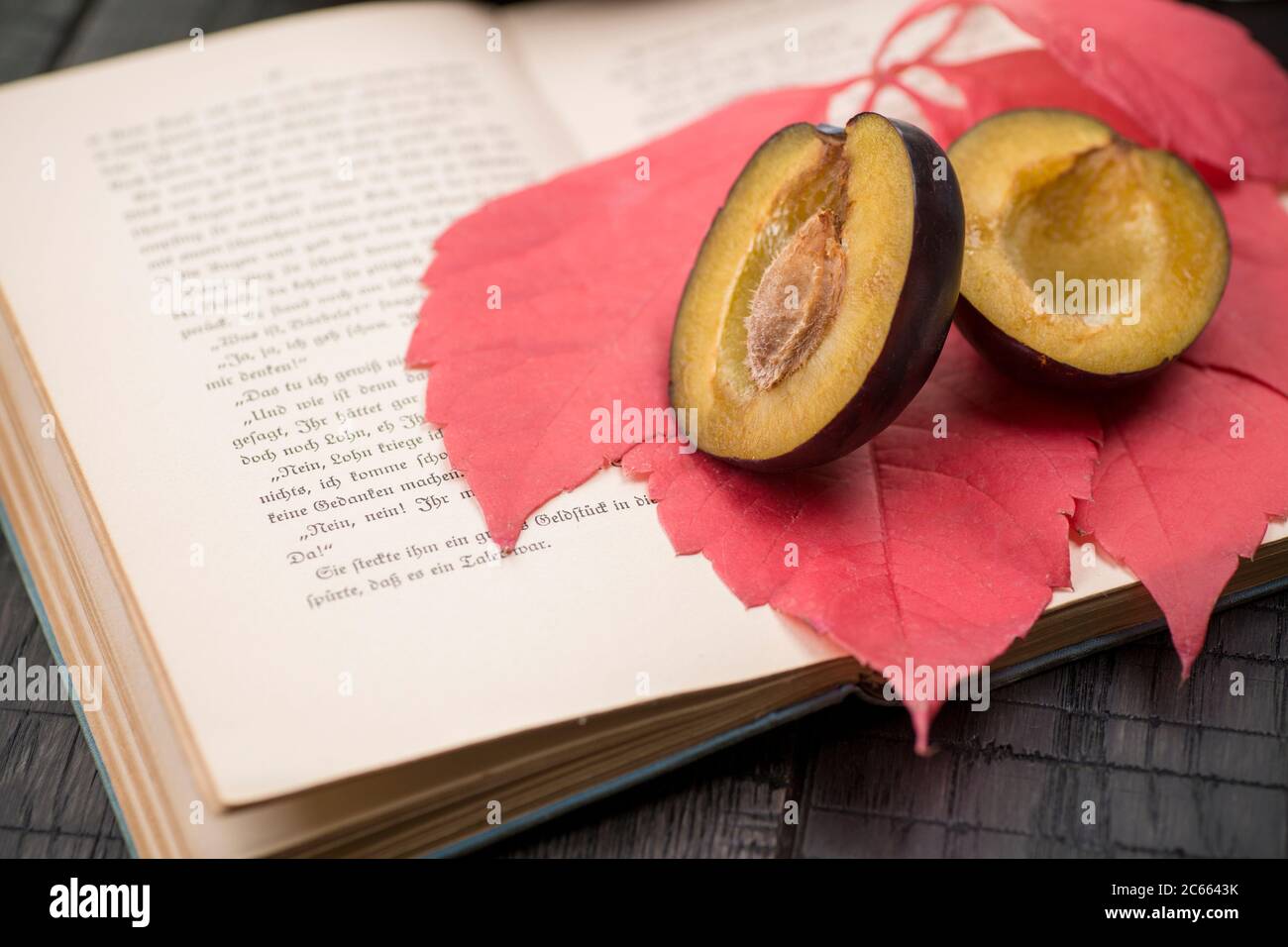 open book, autumn leaf and halved plum Stock Photo
