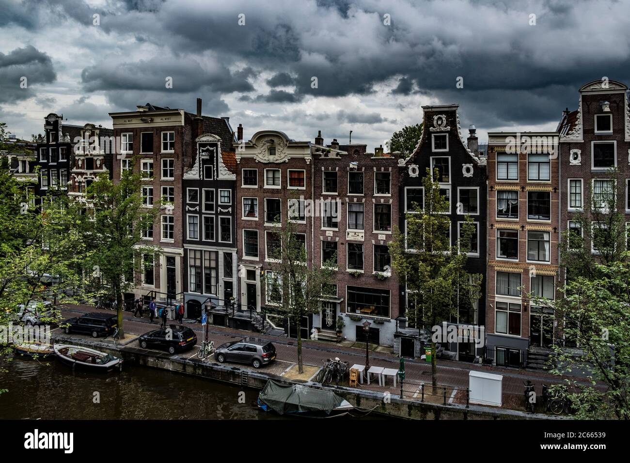 View over Amsterdam with house facades and canal, Holland, Netherlands Stock Photo