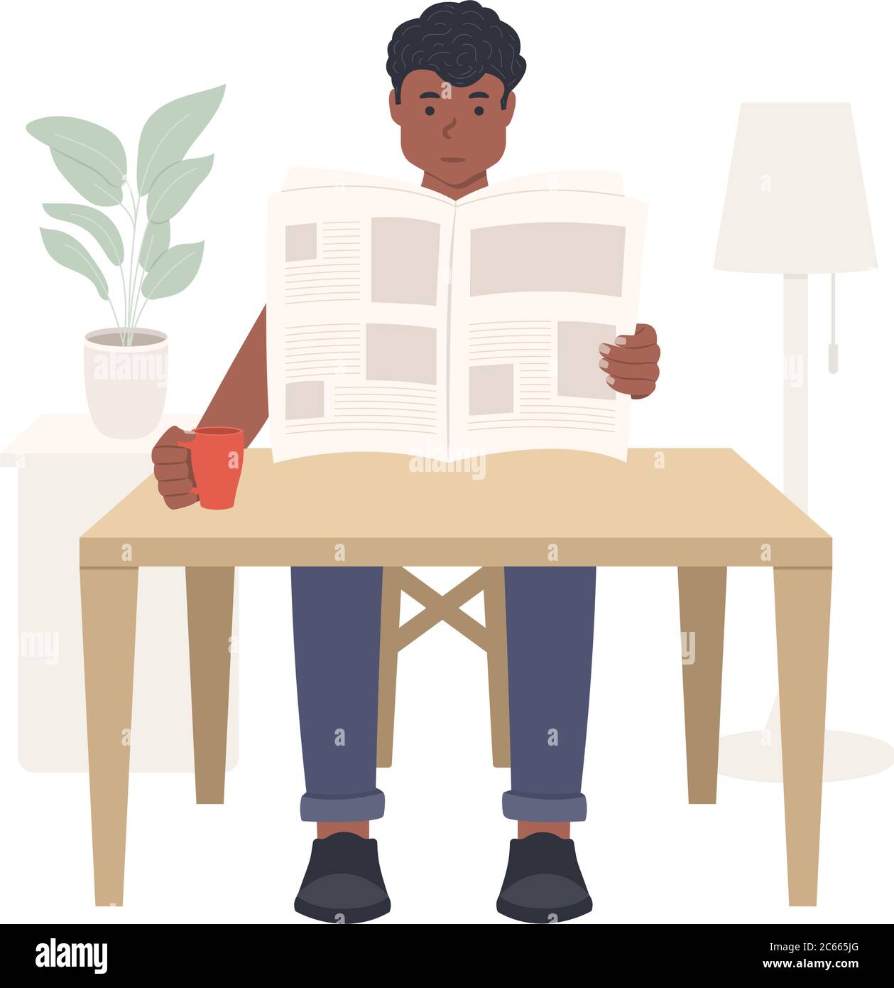 Young African American guy sitting at a table and reading a newspaper, black man reading press or magazine flat vector illustration. Home furnishings Stock Vector