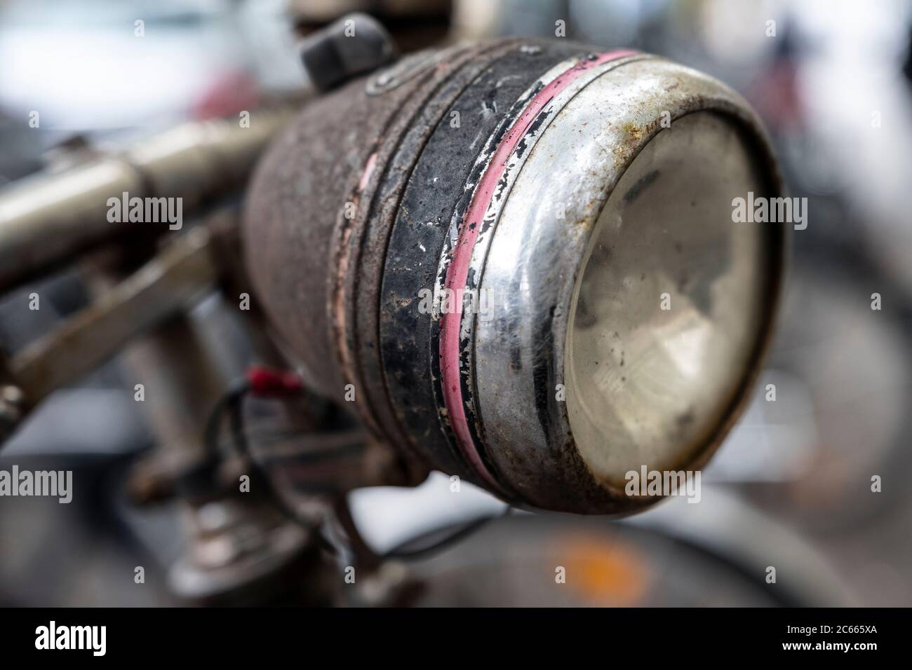 Old bicycle with lamp, close-up, detail Stock Photo