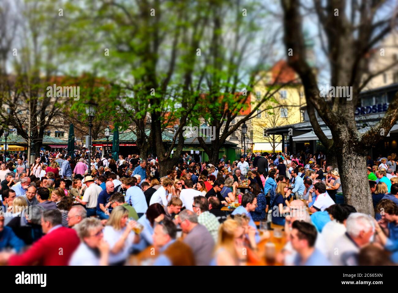 Beer garden at the Viktualienmarkt with miniature effect, Munich, Bavaria, Germany Stock Photo