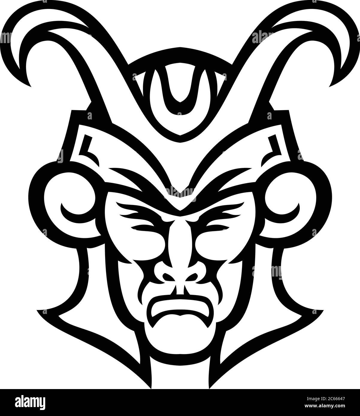 Black and white mascot illustration of head of Loki, a god in Norse
