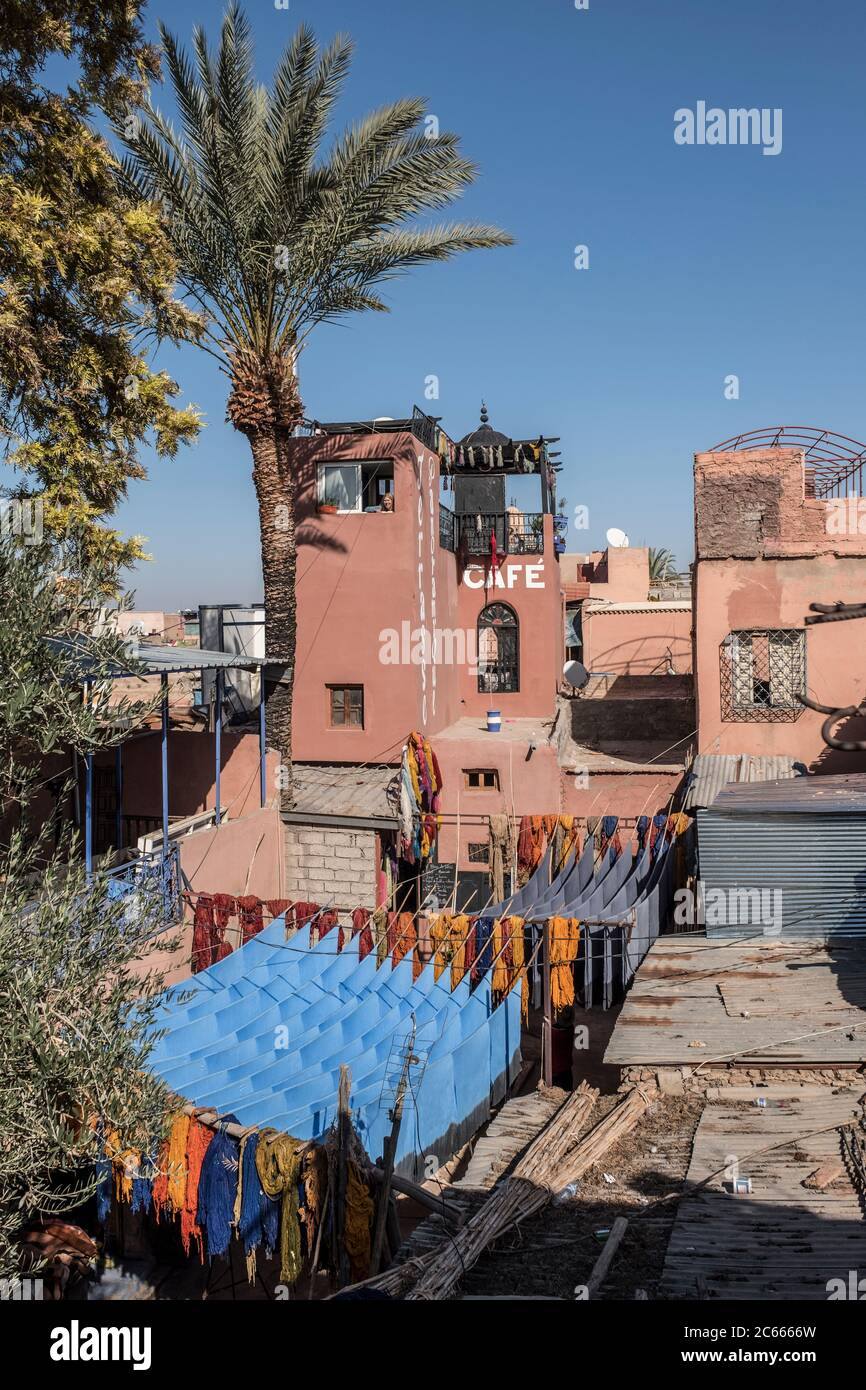 View over a dyeing plant with cafe in Marrakech, Morocco Stock Photo