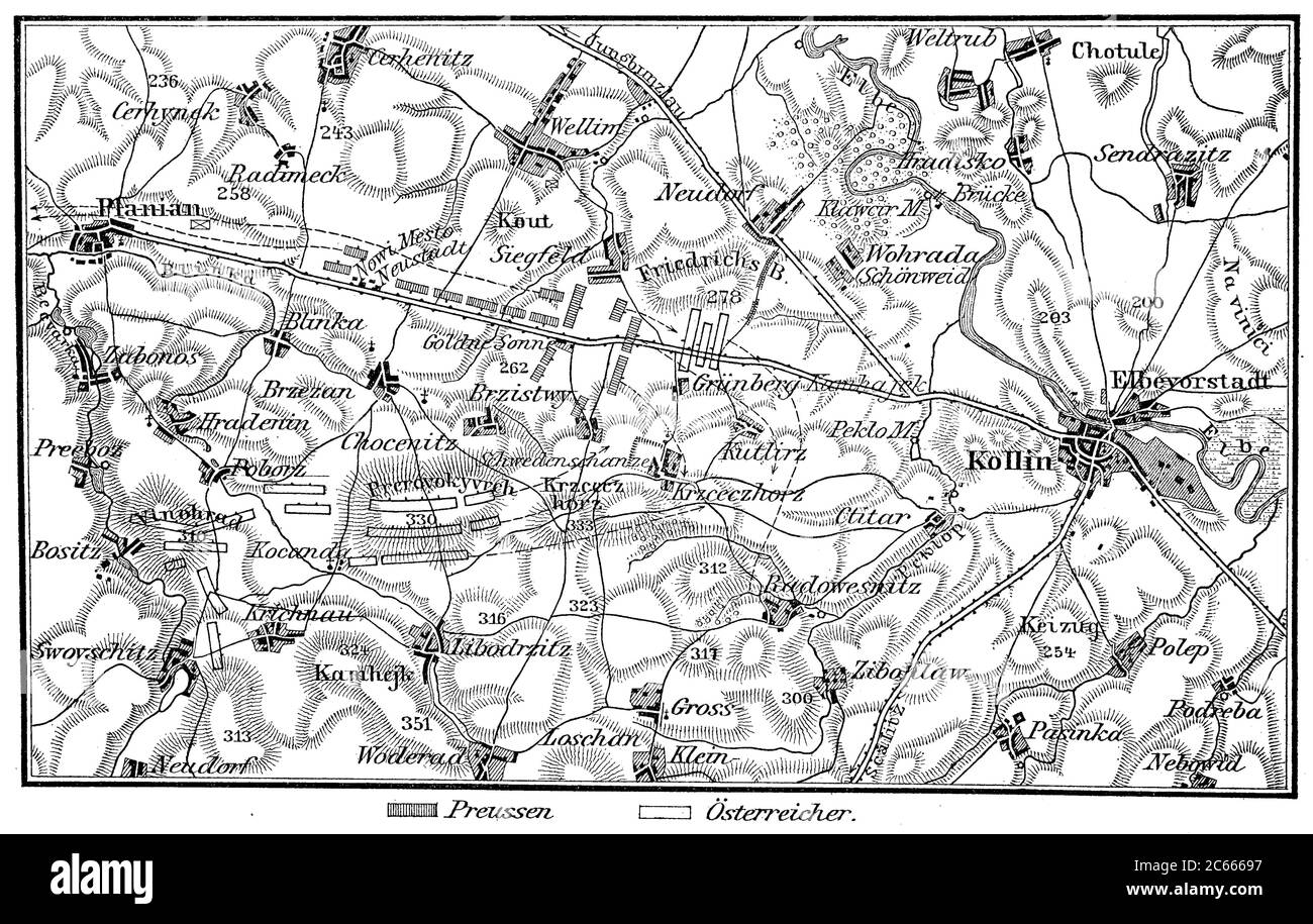 Plan of the battle of Kollin, Battle of Kolin, the military conflict between Prussia and Austria called on 18 June 1757 in the Czech Kolin, when Field Marshal Leopold Joseph Daun the Prussian King Frederick II., The Great, the first defeat in the Seven Years' War (1756-1763) taught  /  Plan der Schlacht bei Kollin, Schlacht bei Kolin wird die kriegerische Auseinandersetzung zwischen Preußen und Österreich am 18. Juni 1757 im böhmischen Kolin bezeichnet, bei der Feldmarschall Leopold Joseph von Daun dem preußischen König Friedrich II., dem Großen, die erste Niederlage im Siebenjährigen Krieg (1 Stock Photo