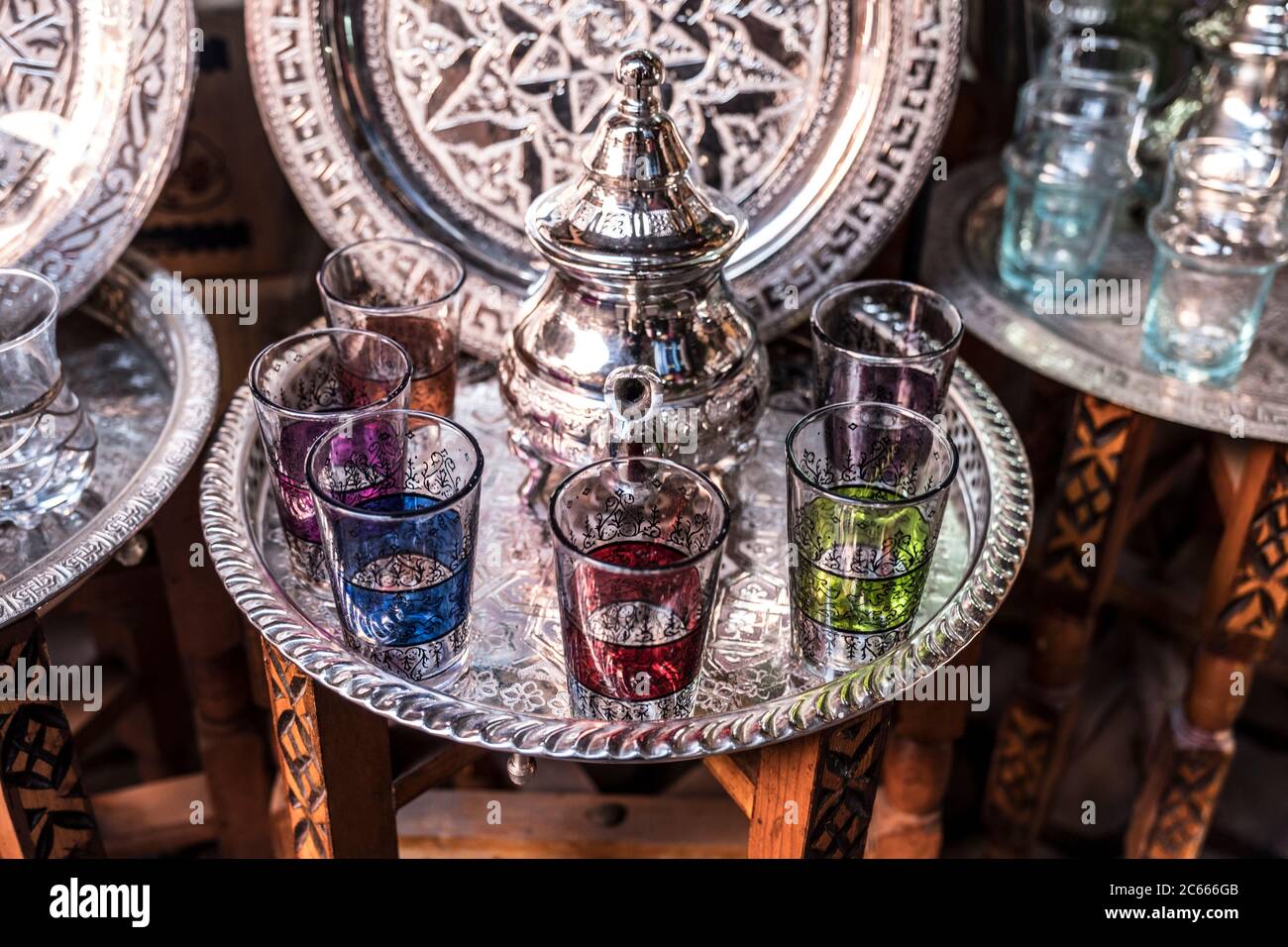 Tea glasses with teapot on a silver tray in Marrakech, Morocco Stock Photo