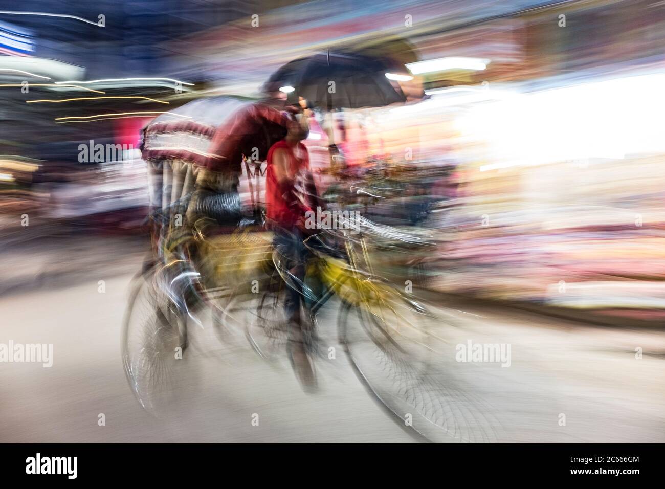 Rickshaw driver in Kathmandu, Nepal, soft focus, blurred Stock Photo