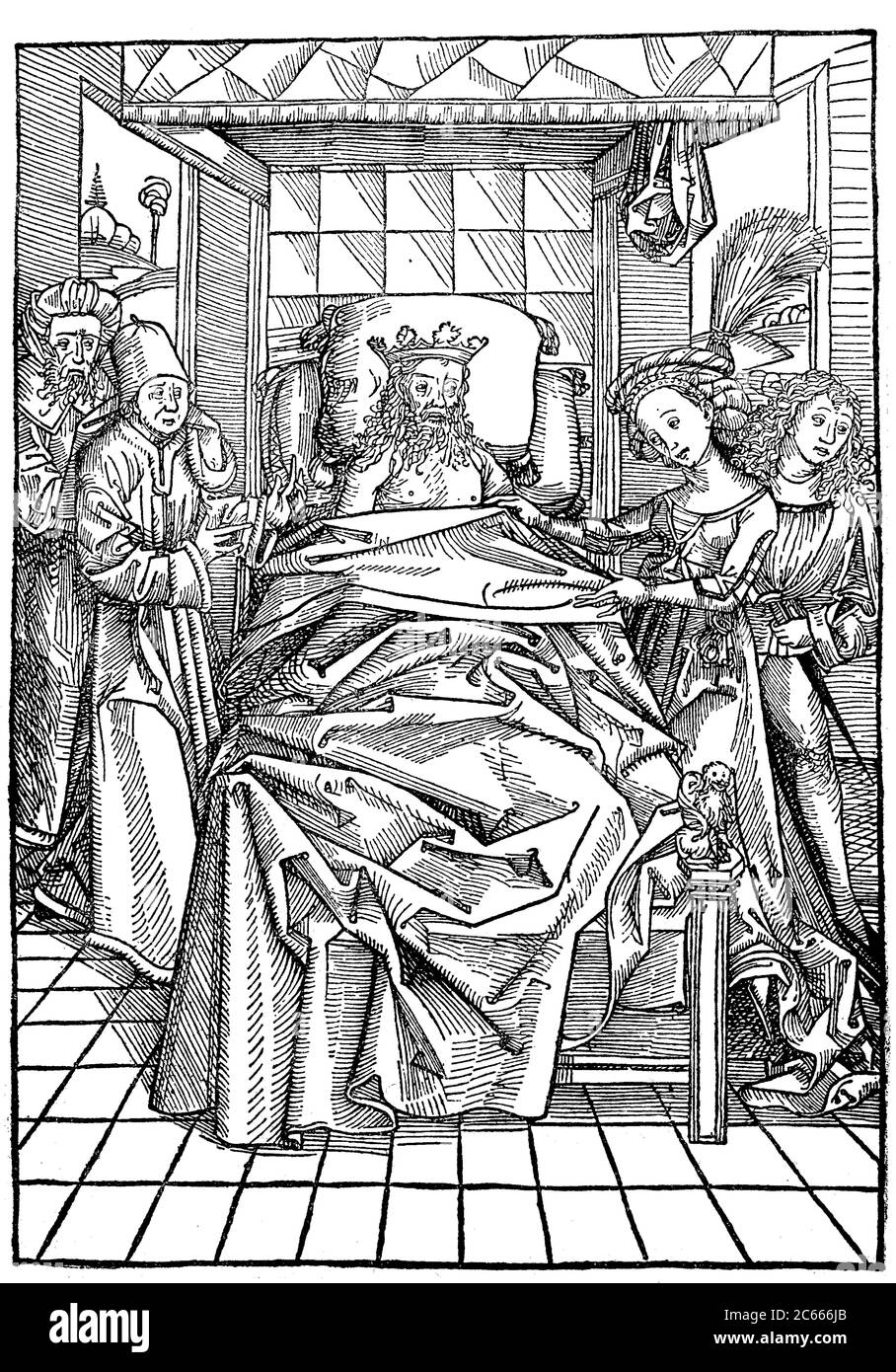 King David and Abisaig, from the treasure holder or shrine of the true riches of salvation and eternal bliss, Anton Koburger, 1491  /  König David und Abisaig, aus dem Schatzhalter oder Schrein der wahren Reichtümer des Heils und ewiger Seligkeit, Anton Koburger, 1491, Historisch, historical, digital improved reproduction of an original from the 19th century / digitale Reproduktion einer Originalvorlage aus dem 19. Jahrhundert Stock Photo