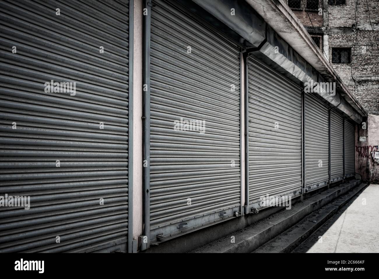 Closed shops in Swayambhunath near Kathmandu in Nepal Stock Photo