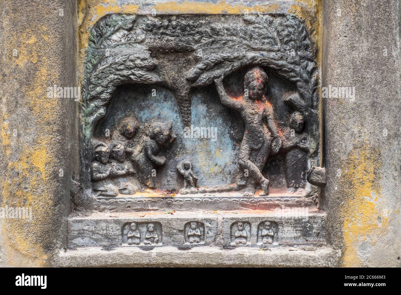 Relief in the temple of Swayambhunath near Kathmandu in Nepal Stock Photo