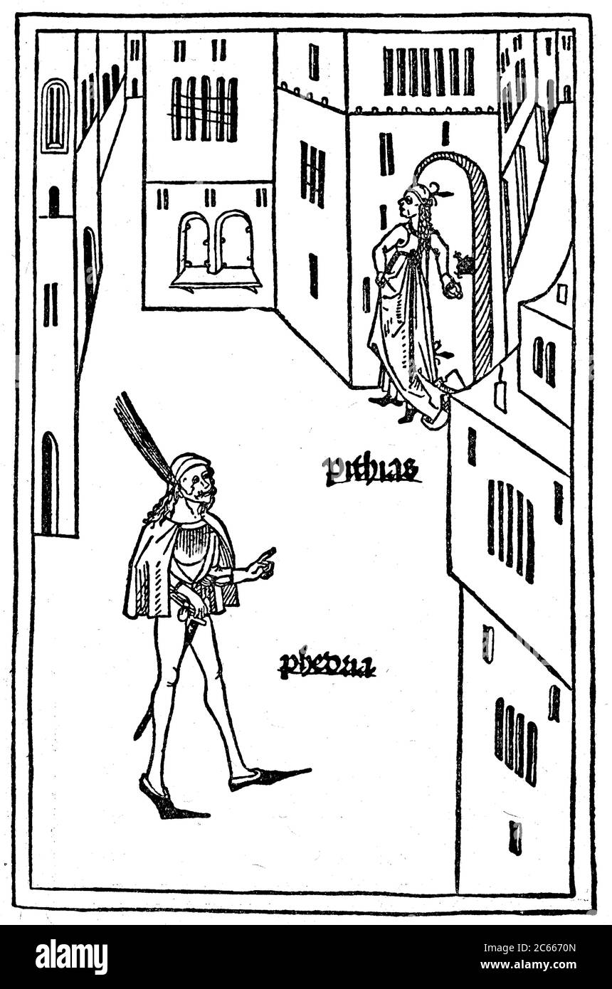 Scene from The Eunuch of Terence, Eunuchus, the eunuchs is based on a play by Menander comedy by Terence Publius Terentius Afer, 161 BC.  /  Szene aus Der Eunuch von Terenz, Eunuchus, Der Verschnittene, ist eine auf einem Stück von Menander basierende Komödie von Terenz, Publius Terentius Afer, 161 v.Chr., Historisch, historical, digital improved reproduction of an original from the 19th century / digitale Reproduktion einer Originalvorlage aus dem 19. Jahrhundert Stock Photo