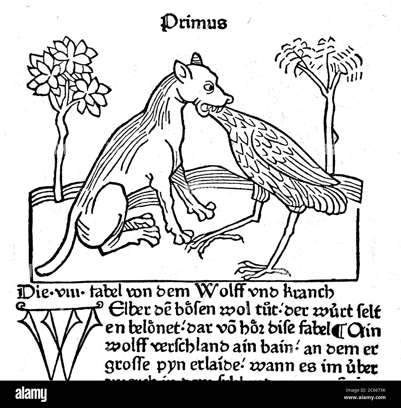 The fable of the Wolf and the Crane, from the book and life of the fabulist Aesopi, 1475, the Wolf and the Crane, Lupus et Gruis  /  Die Fabel von dem Wolf und dem Kranich, aus dem Buch und Leben des Fabeldichters Aesopi, 1475, der Wolf und der Kranich, Lupus et Gruis, Historisch, historical, digital improved reproduction of an original from the 19th century / digitale Reproduktion einer Originalvorlage aus dem 19. Jahrhundert Stock Photo