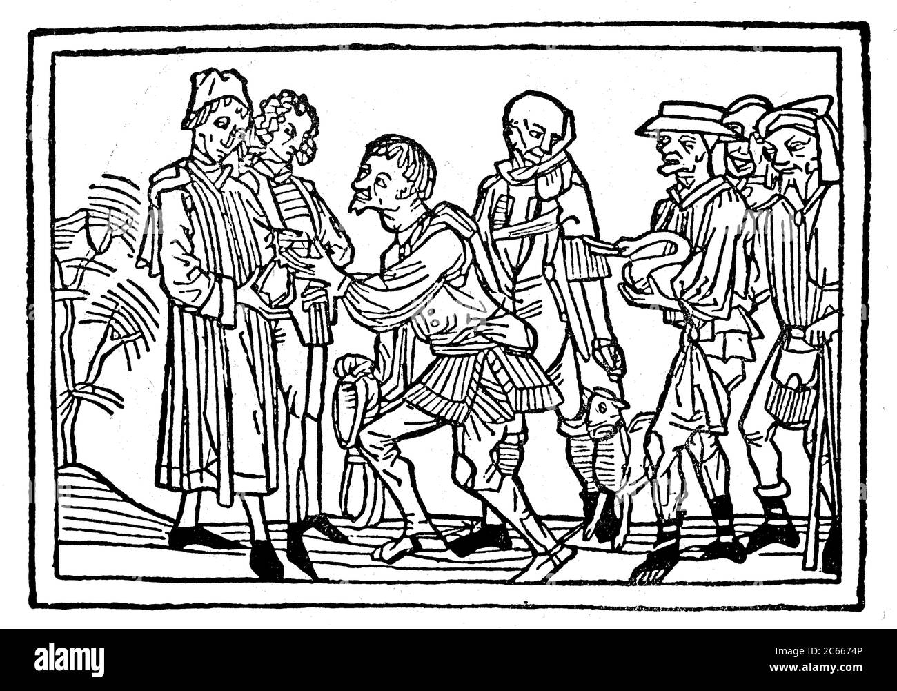 Beggar asking the king for alms from the mirror of human life, Roderico Zamorensis, 1471  /  Bettler bitten den König um Almosen, aus Der Spiegel des menschlichen Lebens, Roderico Zamorensis, 1471, Historisch, historical, digital improved reproduction of an original from the 19th century / digitale Reproduktion einer Originalvorlage aus dem 19. Jahrhundert Stock Photo