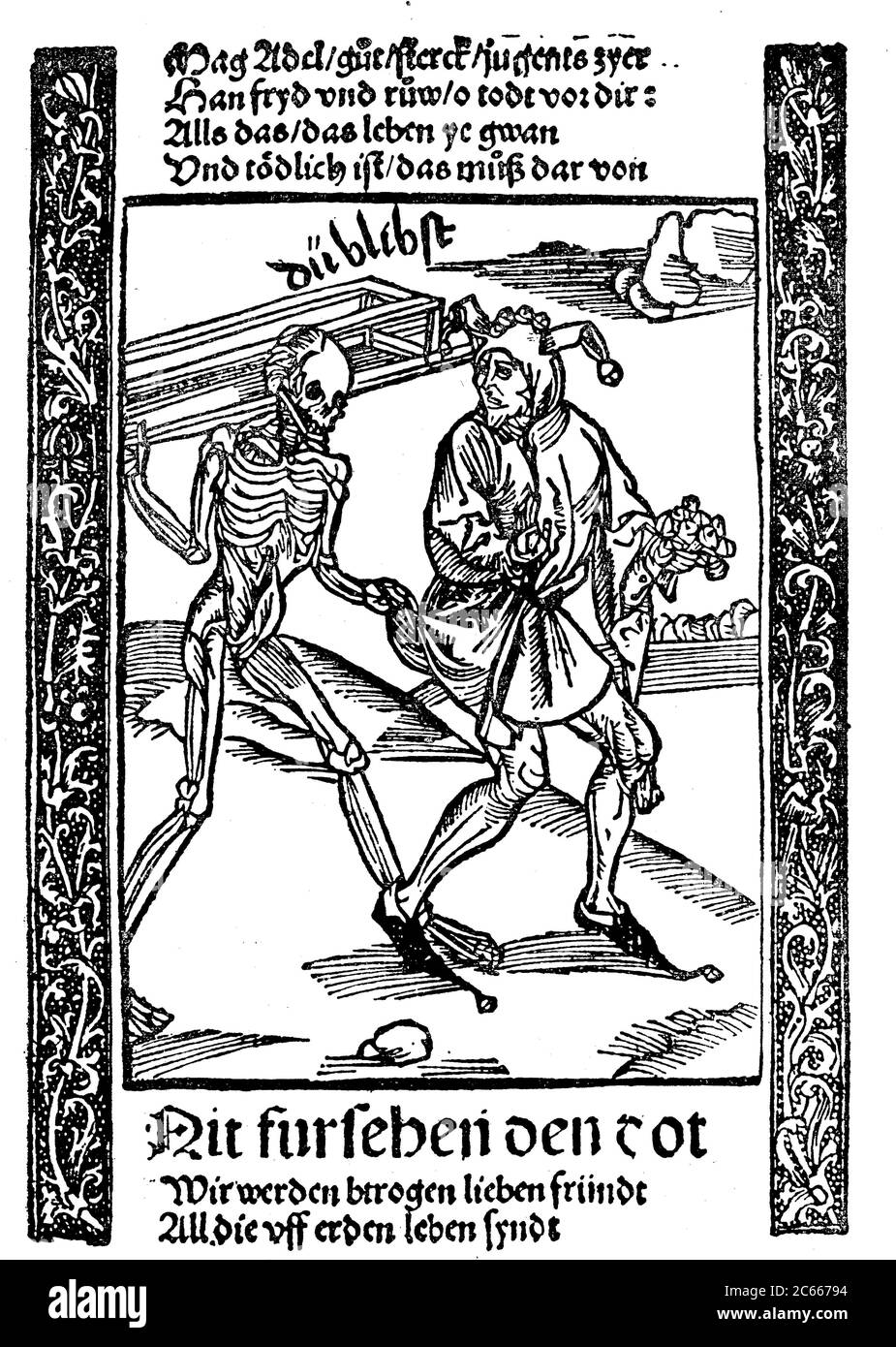 The rich fool and death, from the Ship of Fools by Sebastian Brant, Basel, 1494  /  Der reiche Narr und der Tod, aus dem Narrenschiff von Sebastian Brant, Basel, 1494, Historisch, historical, digital improved reproduction of an original from the 19th century / digitale Reproduktion einer Originalvorlage aus dem 19. Jahrhundert Stock Photo