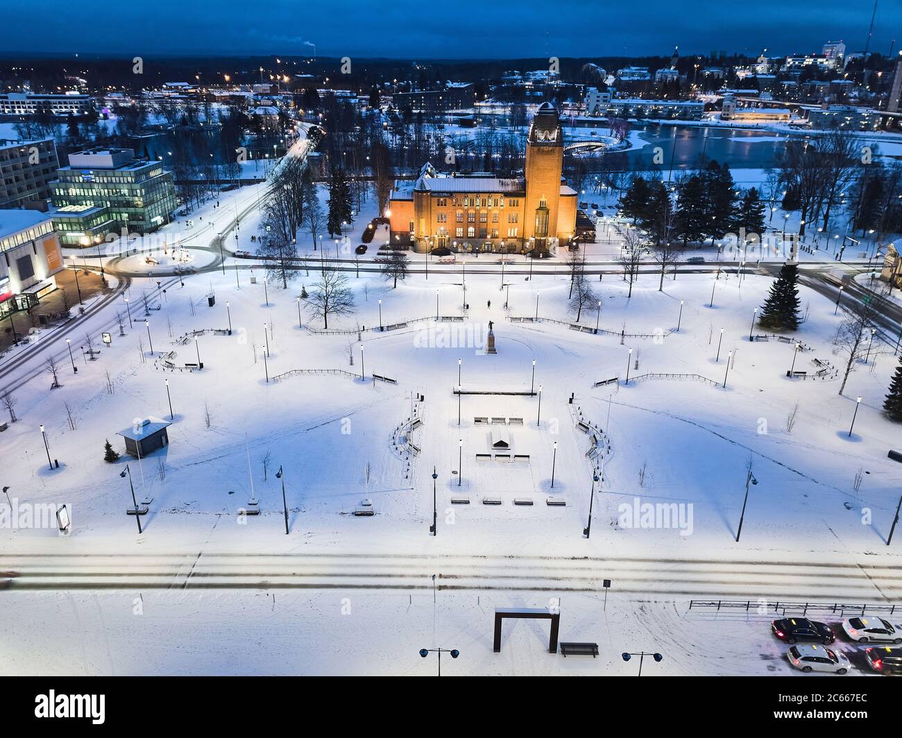Aerial view of Joensuu City Hall. Evening cityscape in winter Stock Photo