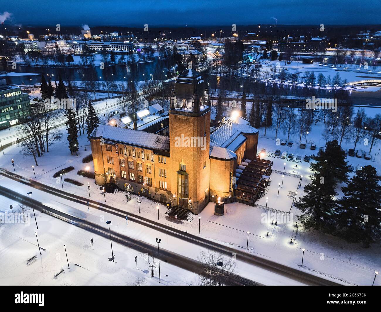 Aerial view of Joensuu City Hall. Evening cityscape in winter Stock Photo
