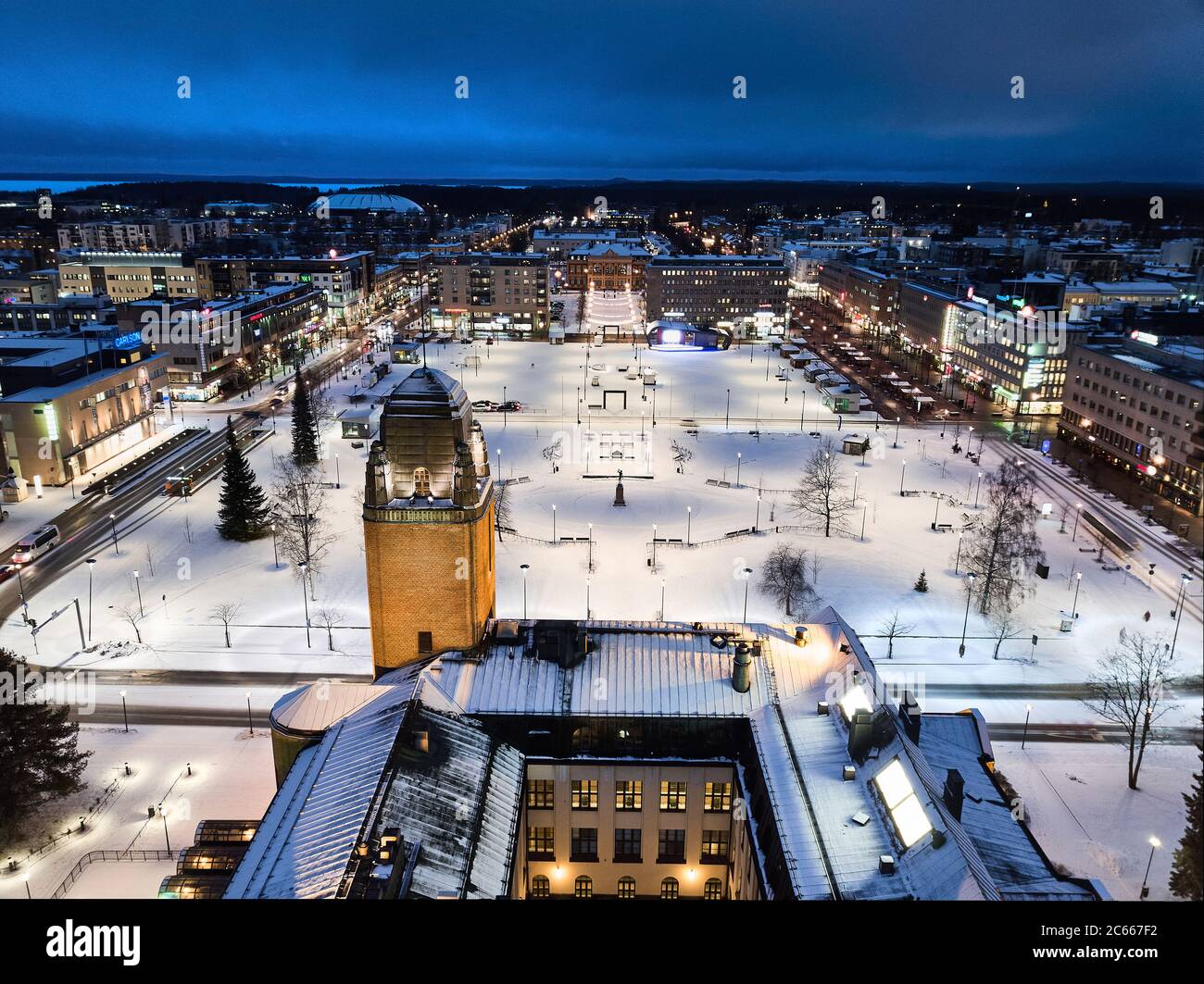 Joensuu, Finland - January 20, 2020: Aerial view of Joensuu City Hall. Evening cityscape in winter Stock Photo