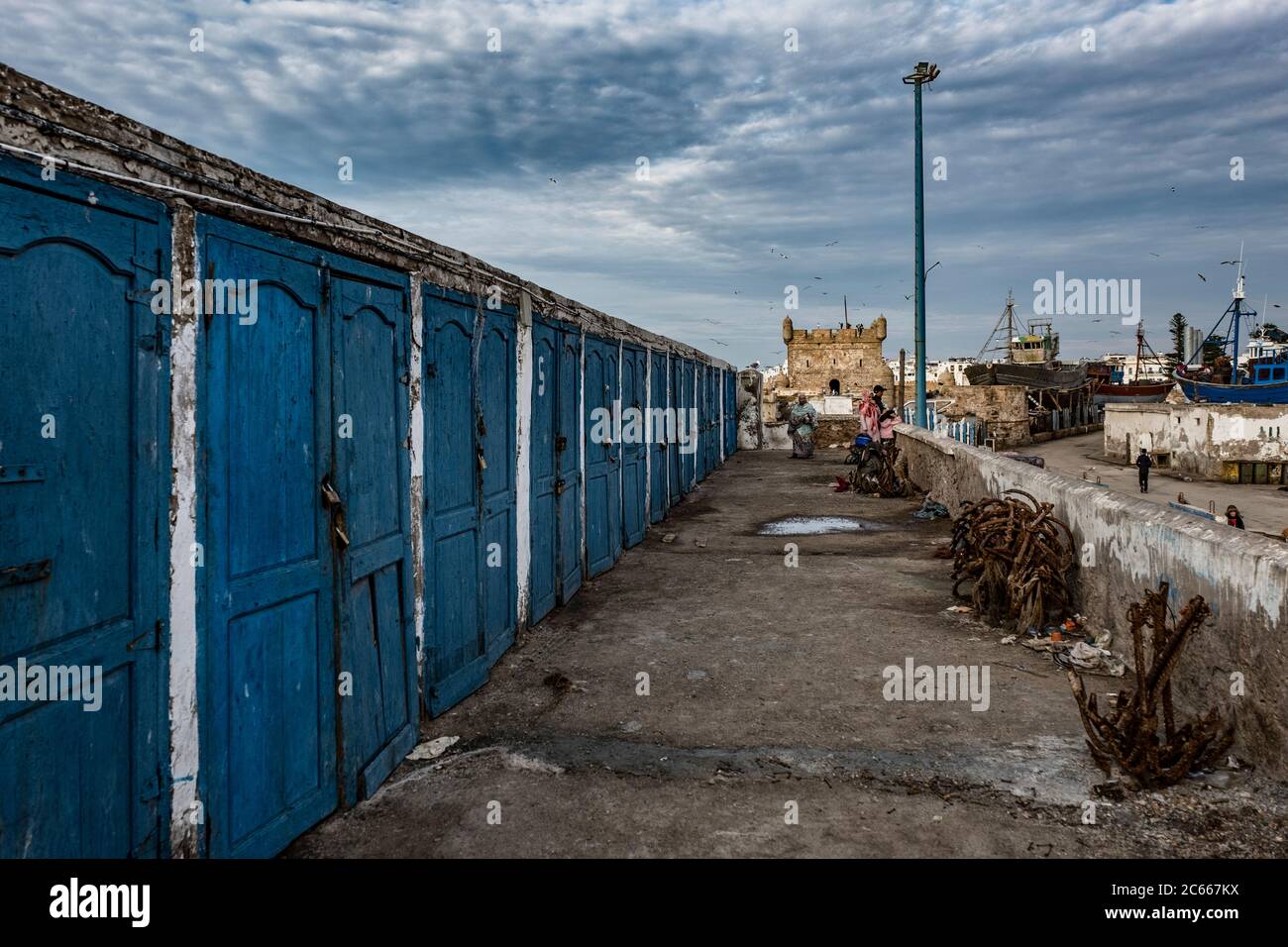 Blue doors at the fishing houses in Essaouira Stock Photo