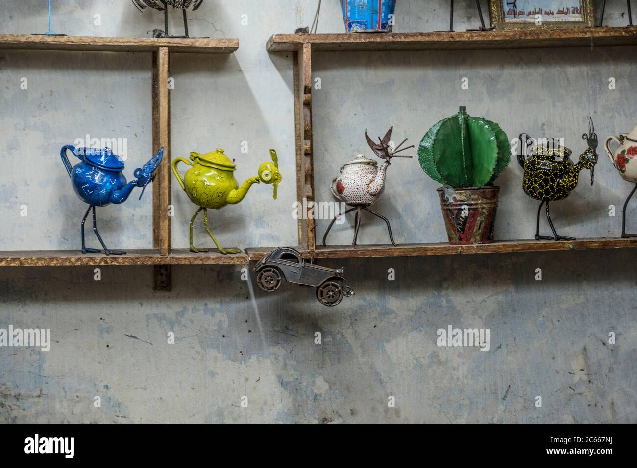 Souvenir shop ind Essaouria, colorful animal figures Stock Photo