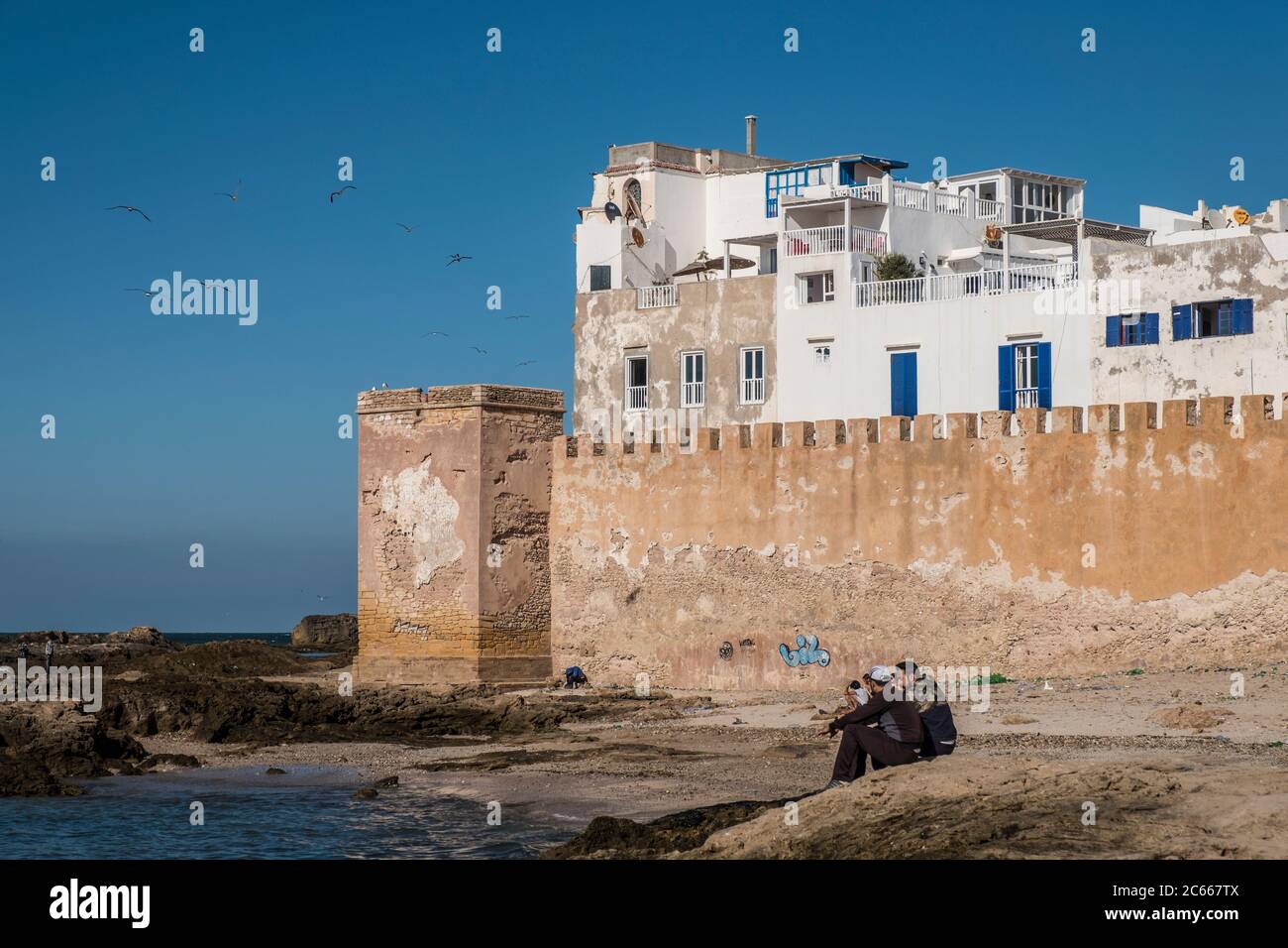 Men sitting on rocks in the sea in front of the city walls of Essaouira Stock Photo