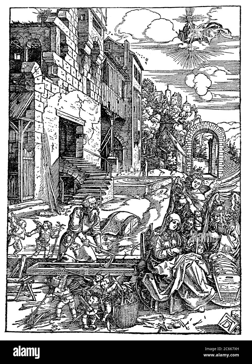 The Rest on the Flight into Egypt, from Life of the Virgin Mary by Albrecht Dürer, 1511  /  Die Ruhe auf der Flucht nach Ägypten, aus Das Leben der Jungfrau Maria von Albrecht Dürer, 1511, Historisch, historical, digital improved reproduction of an original from the 19th century / digitale Reproduktion einer Originalvorlage aus dem 19. Jahrhundert Stock Photo