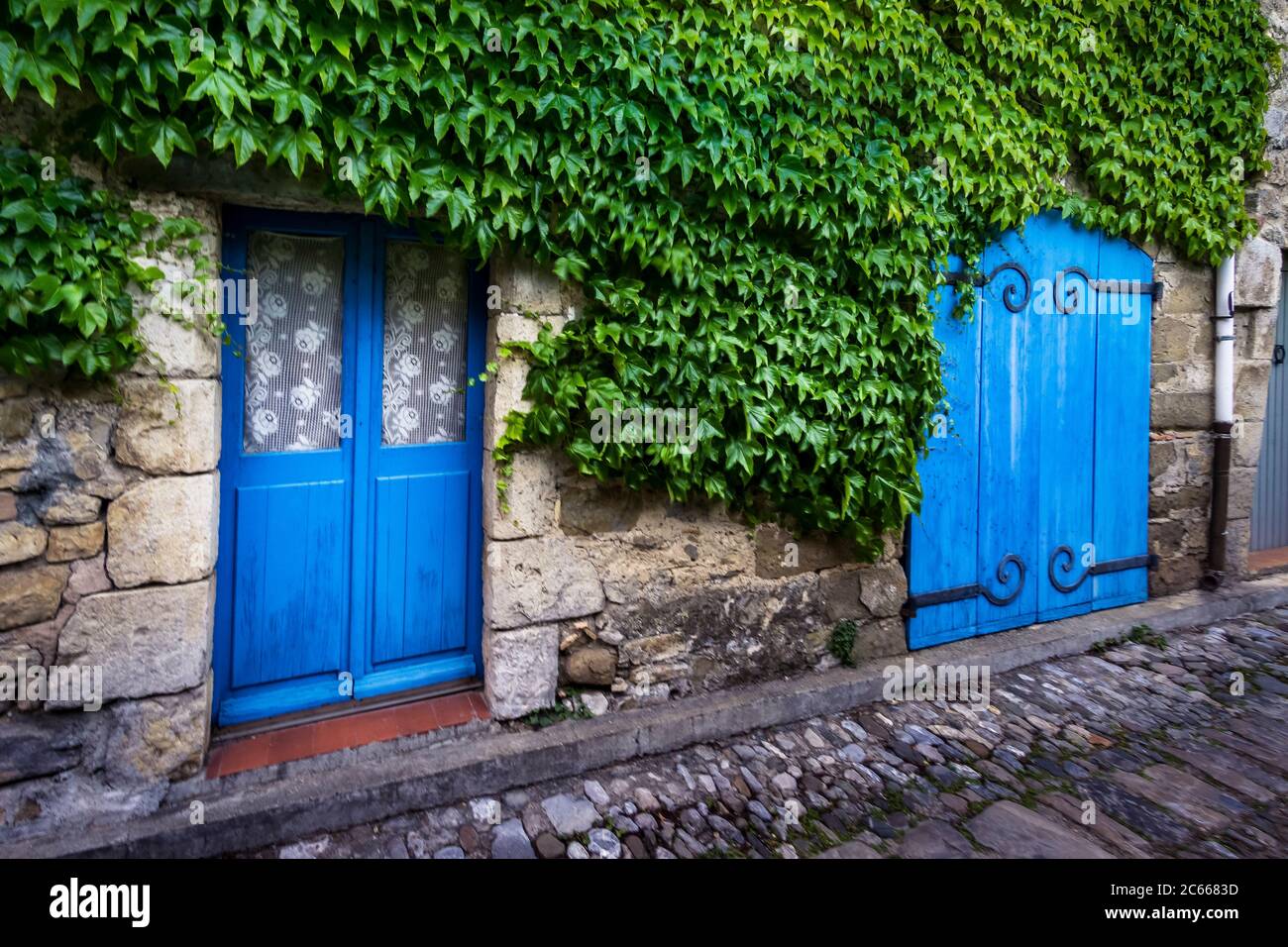 House façade covered with wild wine, Lagrasse in spring, Plus beaux villages de France, Stock Photo