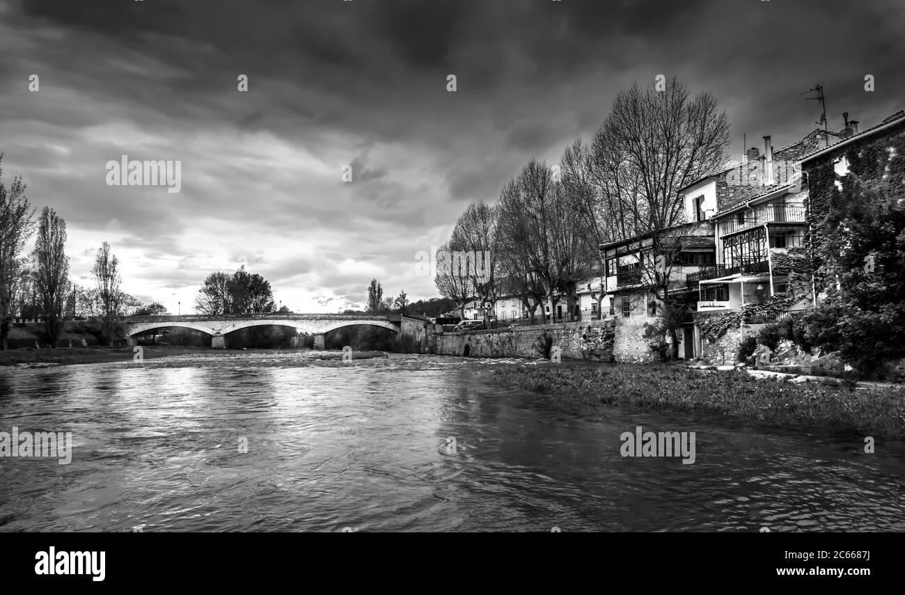 River Cesse in Bize Minervois in spring just before a thunderstorm Stock Photo