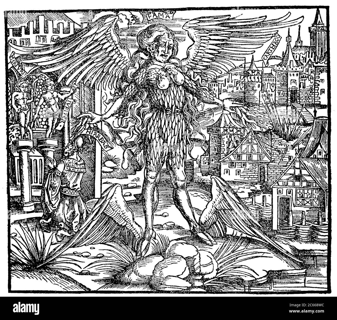 The Fama, Fama is in Roman mythology, the deity of Fame as well as the rumor, 1502, from Sebastian Brant's edition of Virgil  /  Die Fama, Fama ist in der römischen Mythologie die Gottheit des Ruhmes wie auch des Gerüchts, 1502, aus Sebastian Brants Ausgabe des Virgil, Historisch, historical, digital improved reproduction of an original from the 19th century / digitale Reproduktion einer Originalvorlage aus dem 19. Jahrhundert Stock Photo