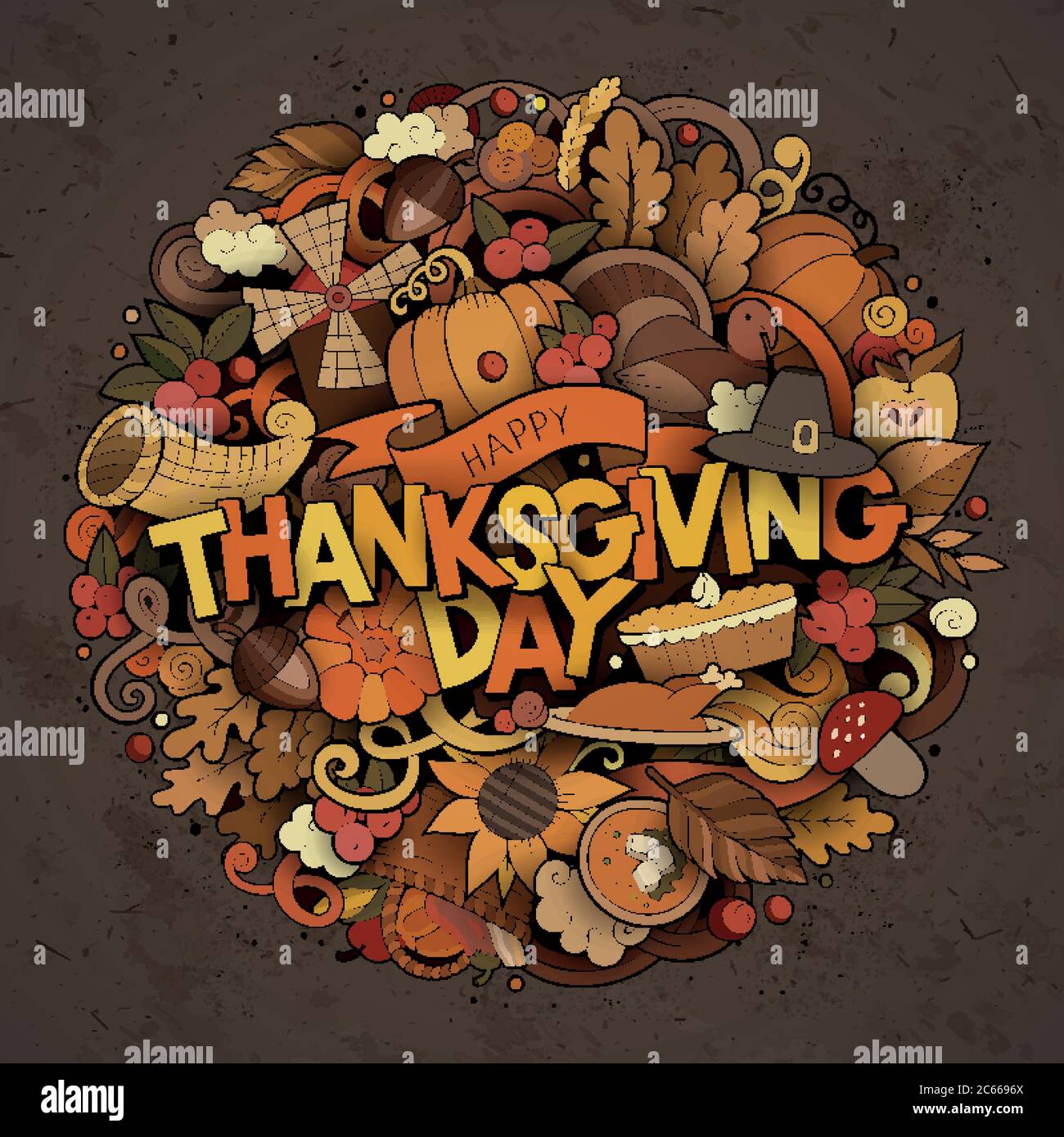 Cartoon cute doodles hand drawn Thanksgiving inscription Stock Vector ...