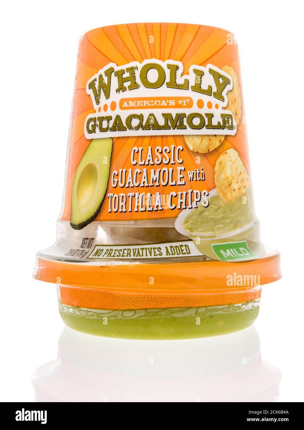Winneconne,  WI - 26 June 2020: A package of Wholly guacamole classic with tortilla chips on an isolated background Stock Photo