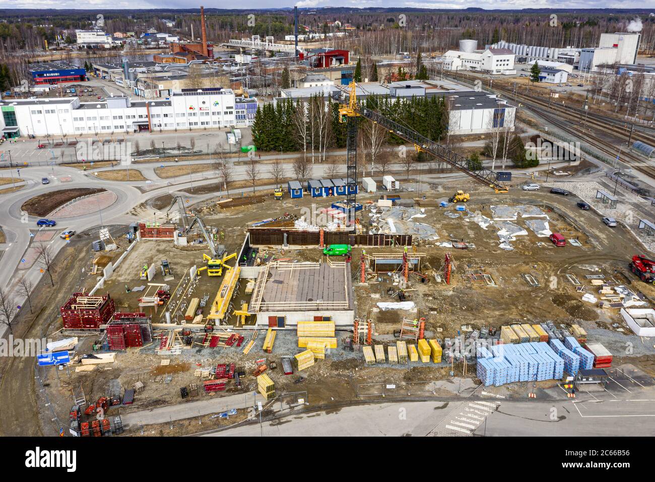 Joensuu, Finland - April 15, 2020: Aerial view of building construction site for the multi-level parking garage in railway station. Stock Photo