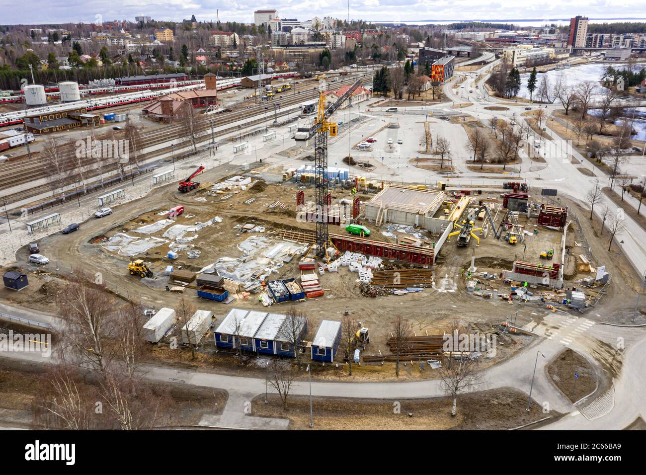 Joensuu, Finland - April 15, 2020: Aerial view of building construction site for the multi-level parking garage in railway station. Stock Photo
