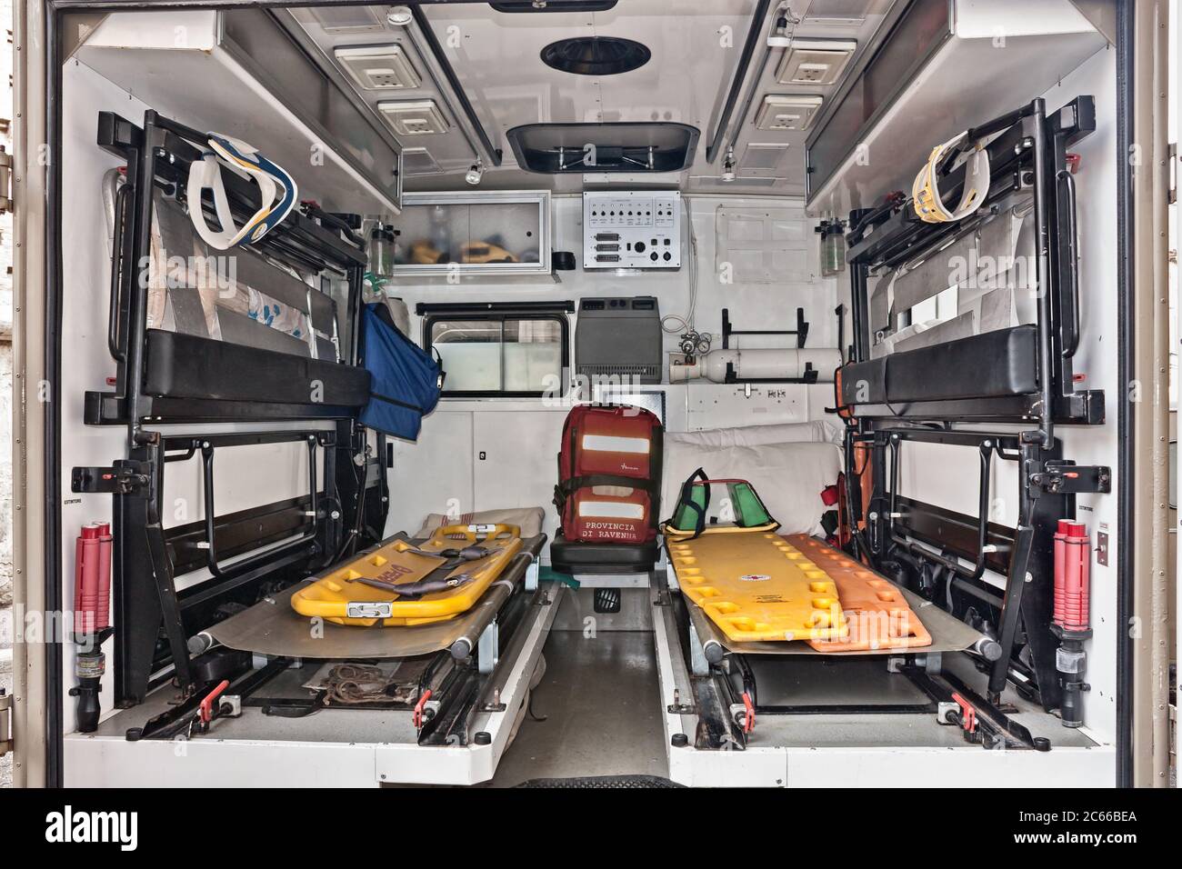 Ambulance interior with stretchers and medical equipment exposed in fair Fiera di San Rocco, on November 6, 2011 in Faenza, RA, Italy Stock Photo