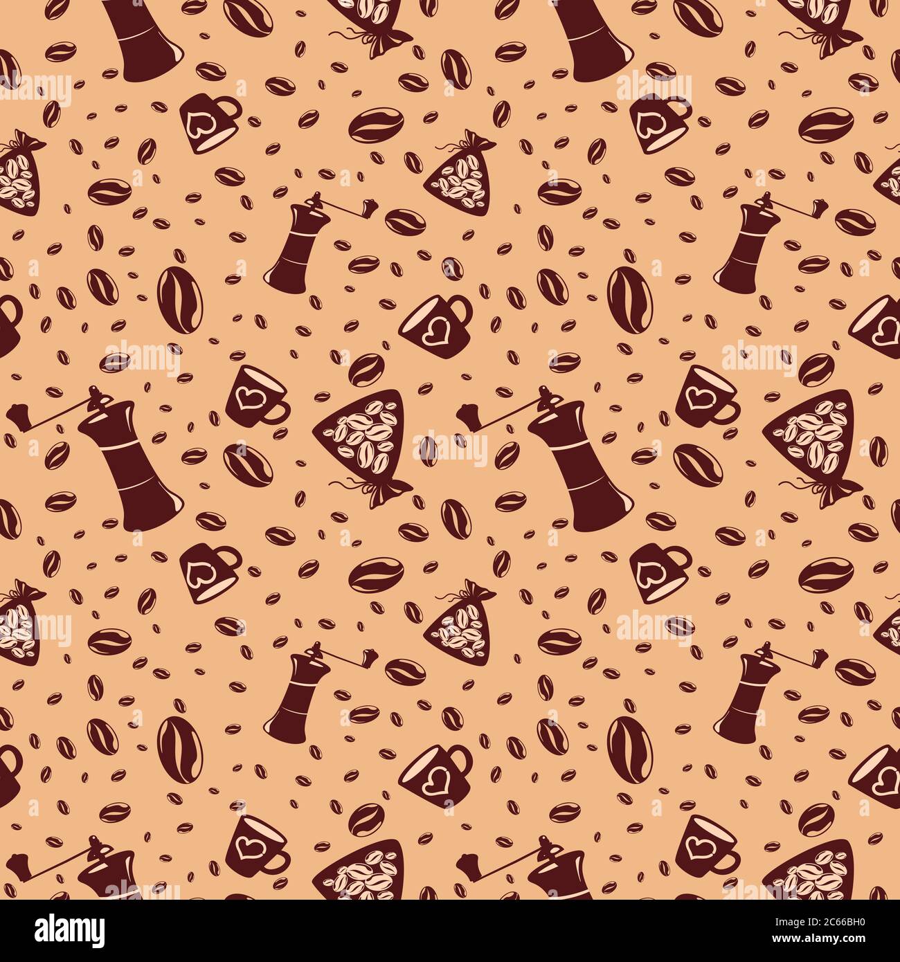 Seamless pattern of coffee beans, cups, coffee grinder. Stock Vector