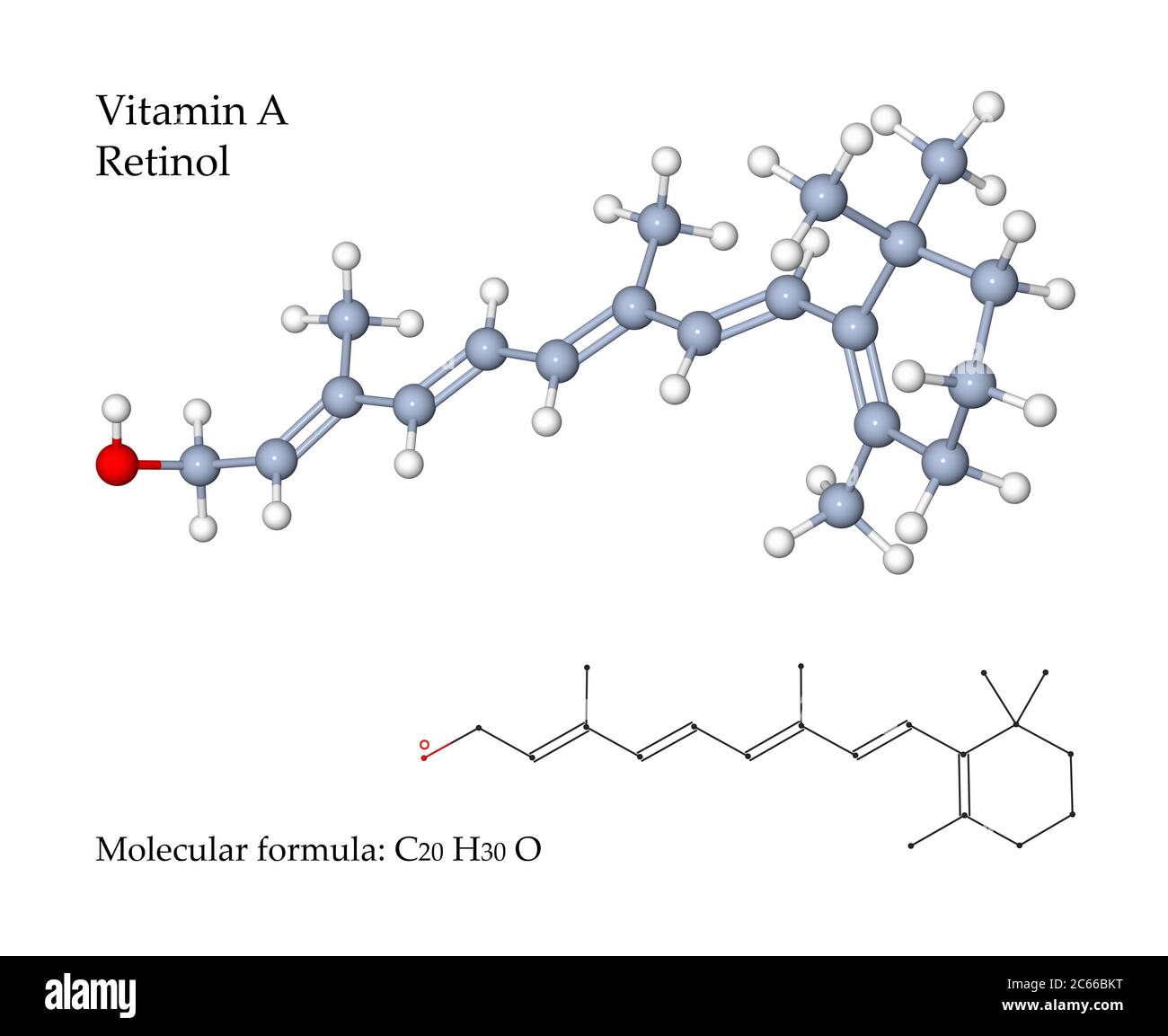 Vitamin A Retinol is important for growth and development, for the maintenance of the immune system and for good vision. 3d illustration of molecule Stock Photo