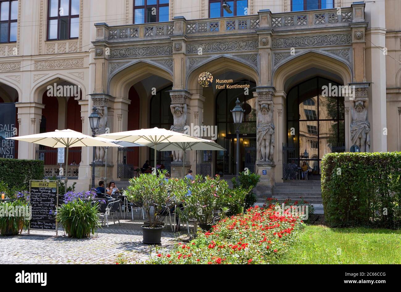 Munich, Museum Five Continents, former Bavarian Museum of Ethnology, Maximilianstraße, founded in 1862 as first ethnological museum, exterior view, café Stock Photo
