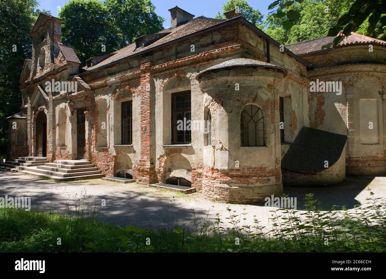 Munich, Magdalenenklause royal hermitage, habitable artificial ruins in Nymphenburg Palace Park, built in 1725 by Josef Effner at behest of Elector Max Emanuel, one of the first imitation ruins in European landscape architecture, interior designed as grottos Stock Photo
