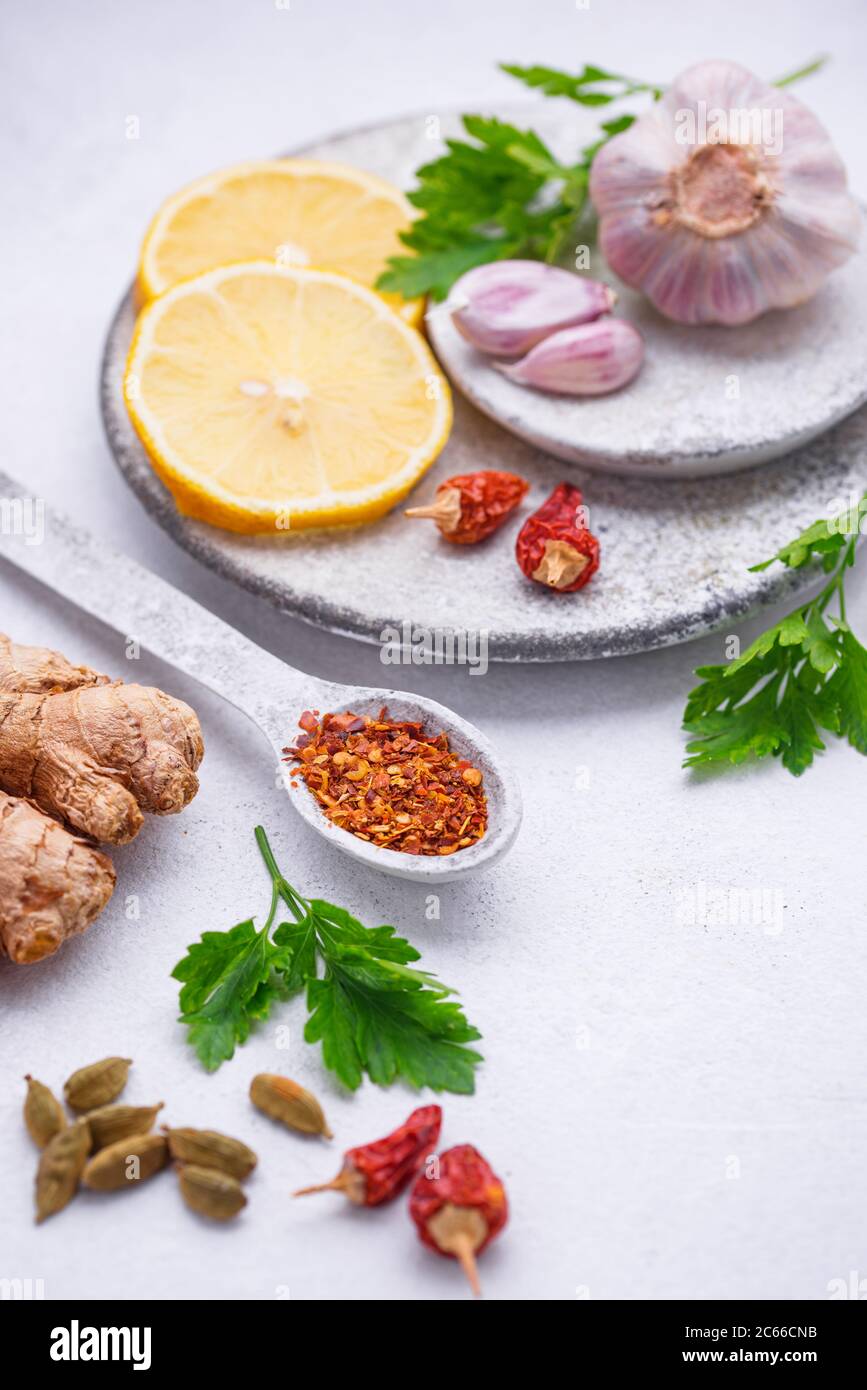 Different Asian spices in small bowls Stock Photo