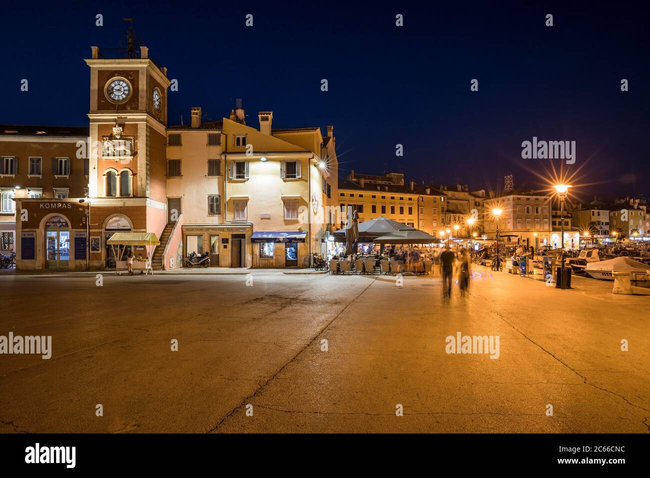 Marshal Tito Square with clock tower in the evening, Old Town, Rovinj, Istria, Croatia Stock Photo