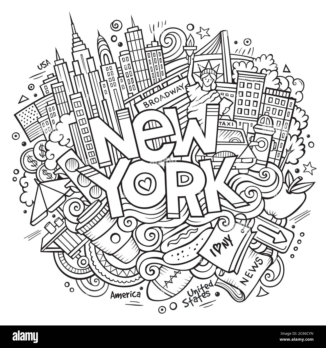 Cartoon cute doodles hand drawn New York inscription Stock Vector Image ...