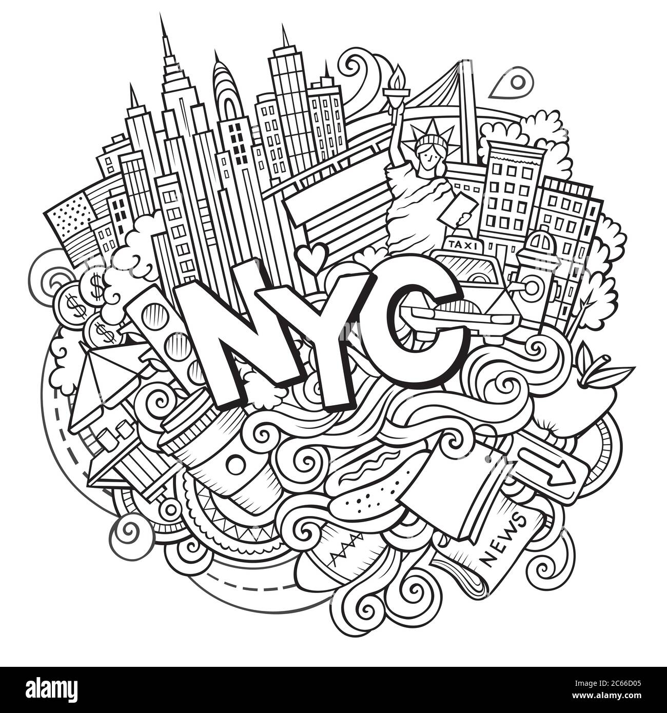 Cartoon cute doodles hand drawn NYC inscription Stock Vector Image ...