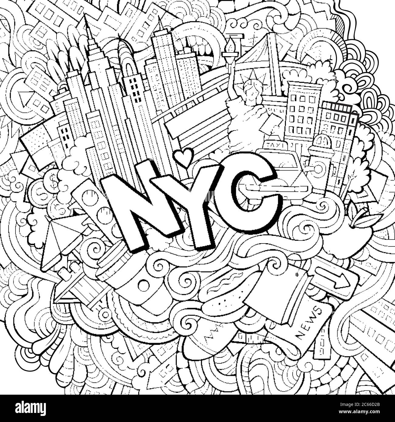 Cartoon cute doodles hand drawn NYC illustration Stock Vector Image ...