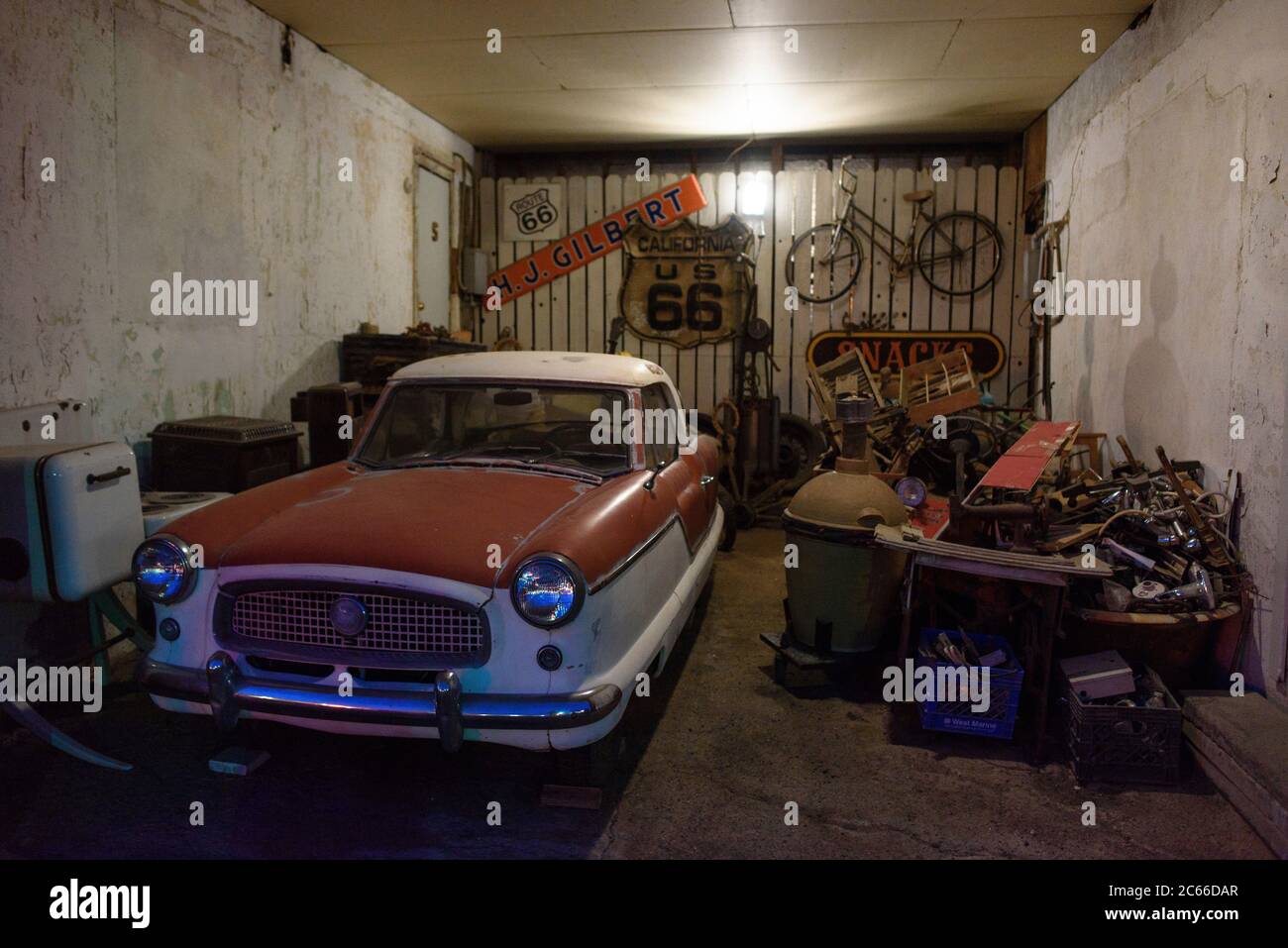 Vintage car inside a garage on Route 66, California, USA Stock Photo