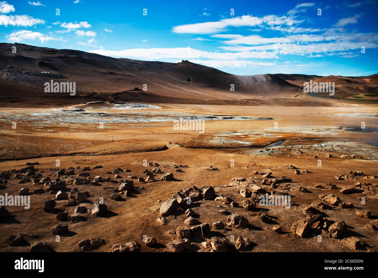 Hverir, a geothermal area known for its bubbling pools of mud & steaming fumaroles emitting sulfuric gas, Namafjall, Iceland Stock Photo